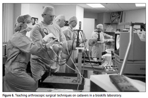 Teaching arthroscopic surgical techniques on cadavers in a bioskills laboratory.